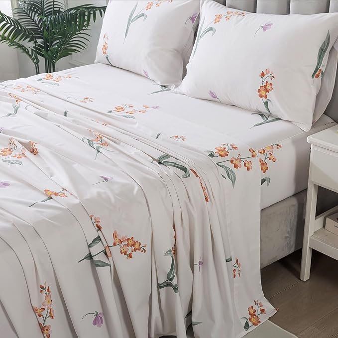 FADFAY Orange Vintage Orchid Floral King Size Sheets Set 100% Brushed Cotton Shabby Purple Tulip Pattern Bedding Set Deep Pocket Sheets with 2 Pillowcases Luxury Breathable Soft 4pcs, King Size