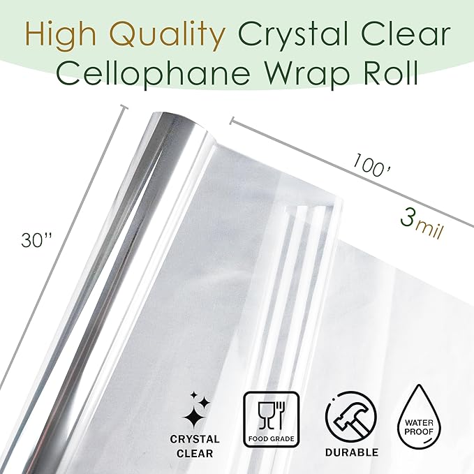 Craft And Party Clear Cellophane Wrap, 30" X 100ft Cellophane Roll, Gift Wrap Roll - Folded