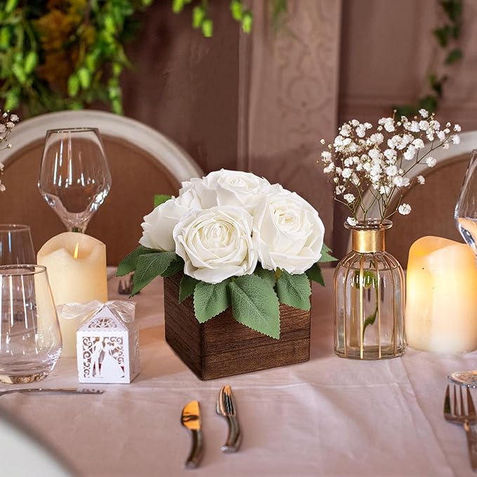 Dining Table Centerpiece Set of 3 - Pre-Made Aritifial Rose with Wooden Vase Fake Floral Arrangment Faux Flower for Wedding Bridal Tea Party Event Decorations - White