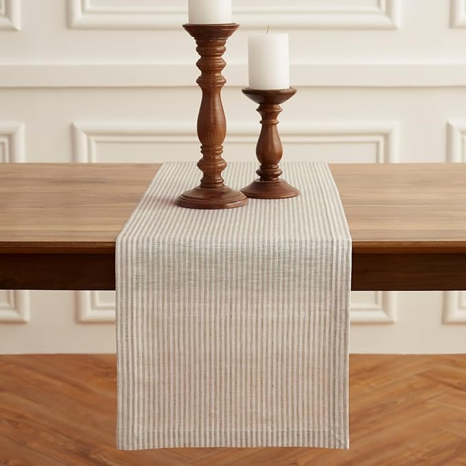 Solino Home Linen Table Runner 48 Inches - Narrow Stripe 100% Pure Linen Natural and White Table Runner 14 x 48 Inch Ideal for Dresser and Coffee Tables - Winter, Spring, Easter