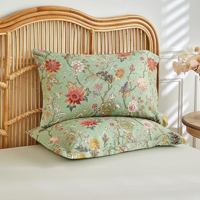 LifeTB Queen Comforter Set Boho Vintage Green Floral Comforter Bohemian Flower Vines Botanical Comforter with 2 Pillowcases Fluffy Soft Microfiber Farmhouse Floral Bedding Comforter Set Queen Size