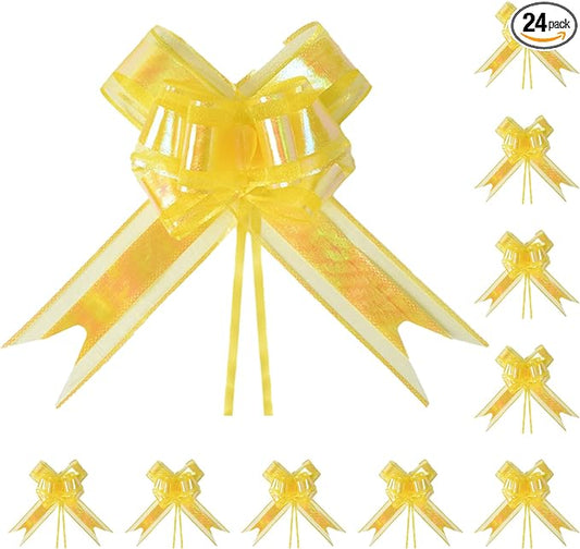 24PCS Yellow Pull Bows for Gift Wrapping, 6" Large Pre-Tied Decorative Bows for Christmas, Wedding, Birthday, Party Decors, Reusable Instant Floral Decors for Gifts, Bouquets, Baskets