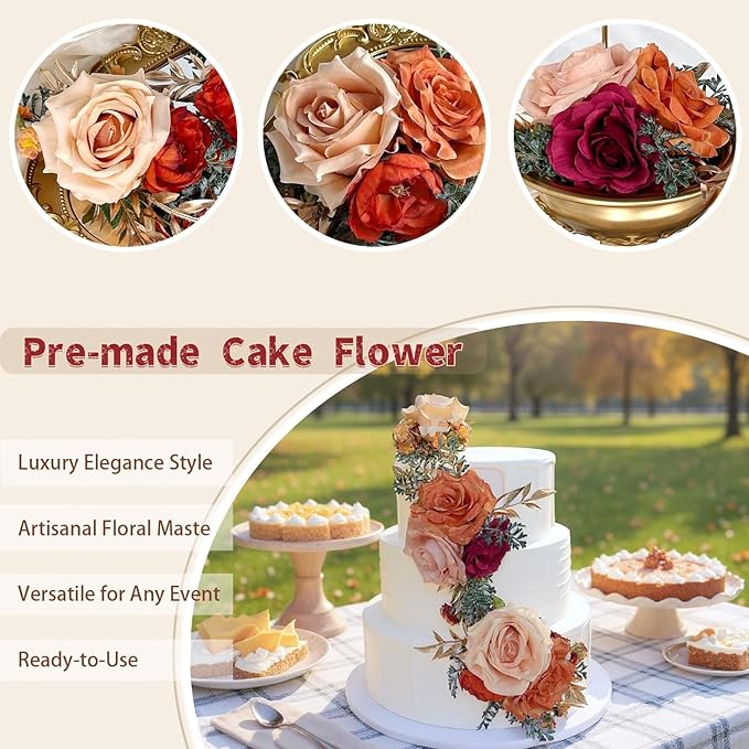 Pre-Made Burnt Orange Silk Flowers for Cakes Decorations Sunset Terracotta Artificial Rose Peony Fall Wedding Cake Toppers Decorating Fake Floral Rust Anniversary Birthday Party Arrangements Table