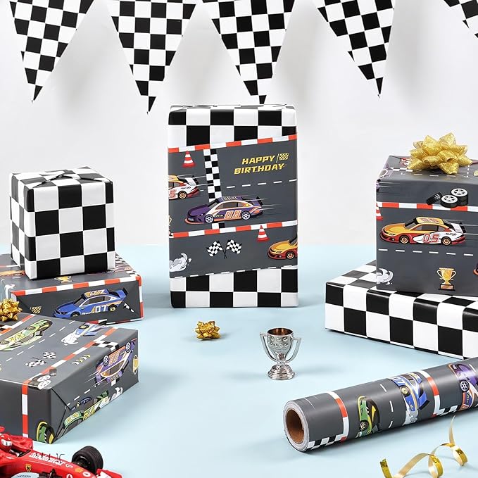 WERNNSAI Racing Car Wrapping Paper - 1 Roll 17” x 16.5 ft Car Birthday Wrapping Paper Kids Boys Gift Wrap Reversible Birthday Present Packing Decoration Sports Cars with Checkered Design