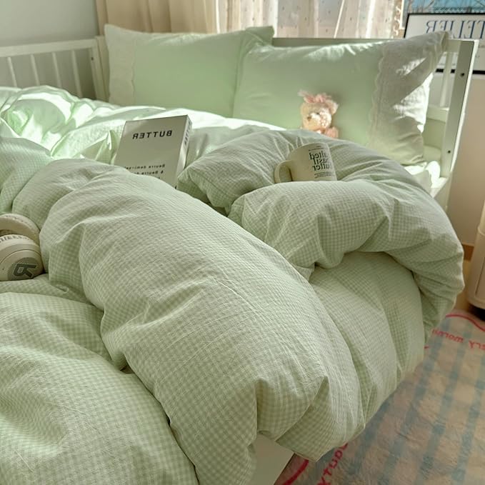 LifeTB Green Gingham Duvet Cover Full 3 Pieces Romantic Lace Duvet Cover Soft Washed Microfiber Green Grid Plaid Comforter Cover with 2 Pillowcases Farmhouse Checkered Gingham Bedding Set