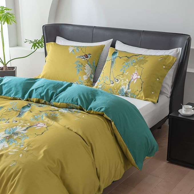 EAVD Vintage Garden Botanical Flower Cute Birds Pattern Duvet Cover King Cotton Yellow Chic Floral Tree Branches Printed Bedding Set with 2 Pillowcases Gorgeous Flower Duvet Cover with Zipper Closure