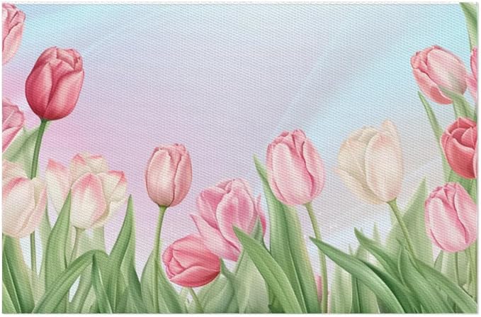 PVC Placemats Set of 6 Flower Tulip Pink Wipeable Table Mats Washable Heat Resistant Non Slip Vinyl Dining Table Mat for Kithen Indoor Outdoor Patio Farmhouse Place Mats Decorative