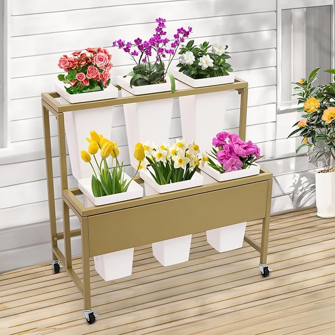 2-Layers Flower Display Stand Metal Flower Display Stand With 6 Pcs Buckets Rolling Plant Stand Flower Cart Moving Florist Bouquet Shelf for Fresh Flower Shop Balcony,Load Capacity 33.07lbs (Gold)