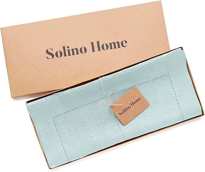 Solino Home Linen Aqua Blue Table Runner 132 Inches Long - 100% Pure Linen Extra Long Table Runner 14 x 132 Inch for Spring, Easter - Classic Hemstitch