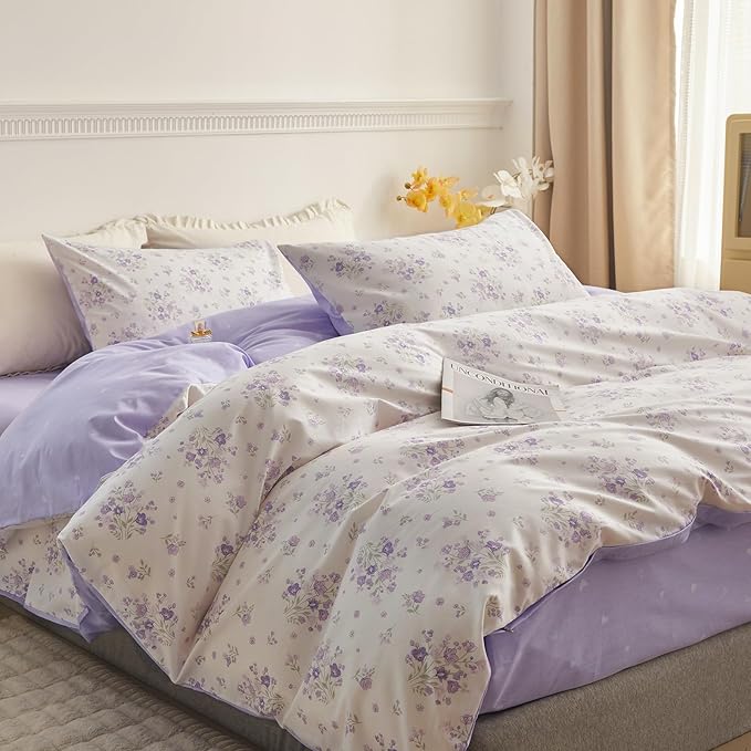 VM VOUGEMARKET Purple Floral Comforter Set Twin Size,Vintage Lavender Flower Comforter with 2 Pillowcases Down Alternative Comforter Set (3Pcs,Twin XL)