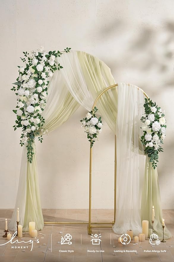 Ling's Moment Wedding Arch Backdrop Stand with Flowers - 7.2FT, 6FT Double Metal Arch Frame with Drapes for Ceremony Decoration - Bridal Shower, Artificial Floral Birthday, Set of 2, White Ivory Green