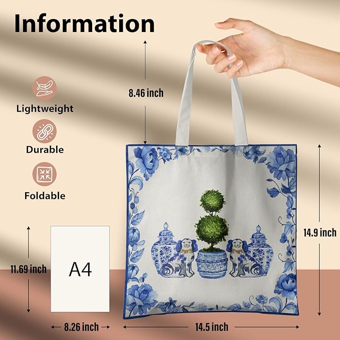 Blue and White Chinoiserie Prints Canvas Tote Bag for Women, Reusable Folding Shopping Bags with Handles