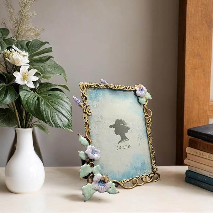 Vintage Floral Picture Frames Luxury Unique Ornate Antique Metal Photo Frame of HD Glass for Tabletop/Wall Display Gifts for Women (Retro Purple Flower, 5X7)