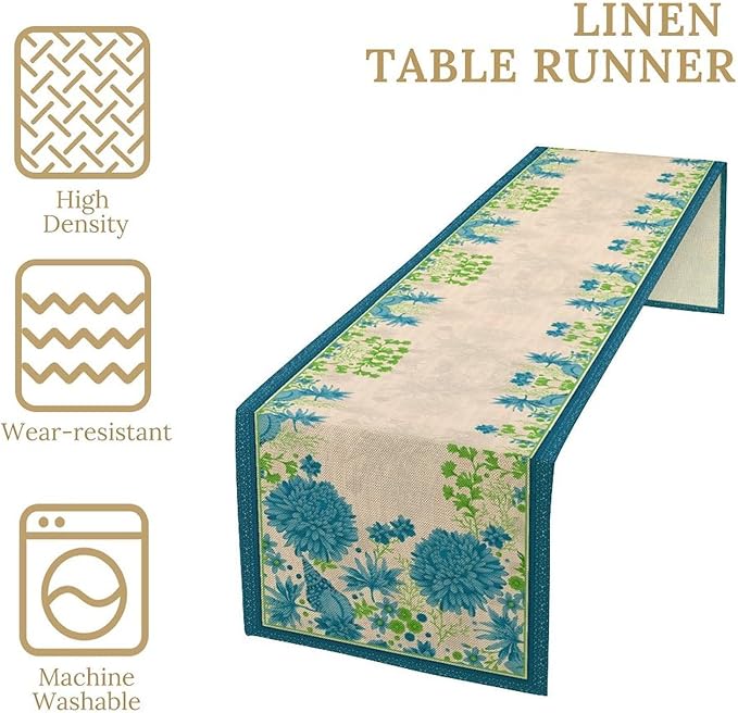 Vintage Floral Table Runner, Elegant Blue Flowers Nature Design Table Runner for Kitchen Dining Holiday Party Home Decoration, 13x90 Inch