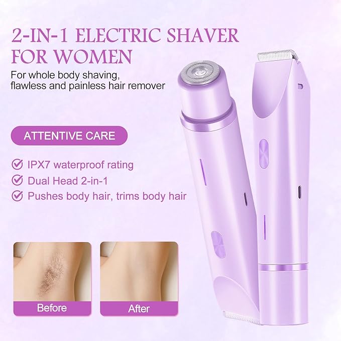 2025 New 2 in 1 Bikini Trimmer for Women, Bikini Shaver with Dual Head, Painless Smooth Shave & Gentle Pubic Hair Removal, Cordless & IPX7 Waterproof Electric Trimmer for Sensitive Skin (Purple)