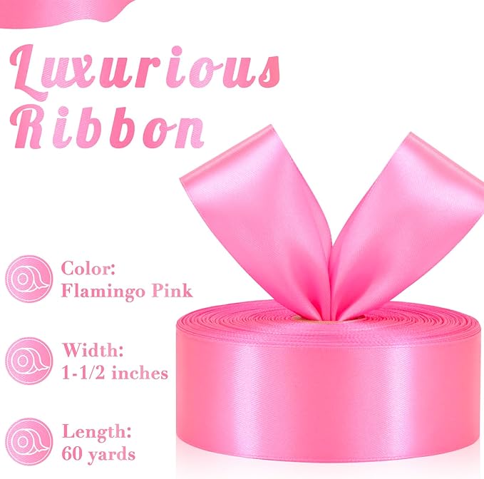 Flamingo Pink Ribbon 1-1/2 Inch, 60 Yards Single Face Polyester Satin Ribbon for Gift Wrapping, Fabric Ribbon for Floral Arrangement Crafts Wedding Christmas Party
