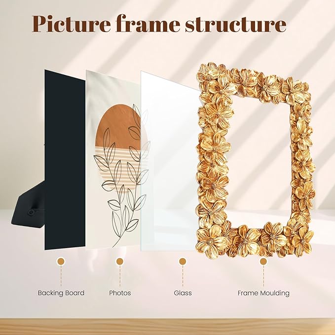 Gold Picture Frames 5x7, Floral Vintage Carved Textured Hand-Crafted Photo Frame with Glass Front, Ornate Resin Picture Frame for Horizontal or Vertical Display, Retro Carving Flower Photo Frames Photo Gallery Art