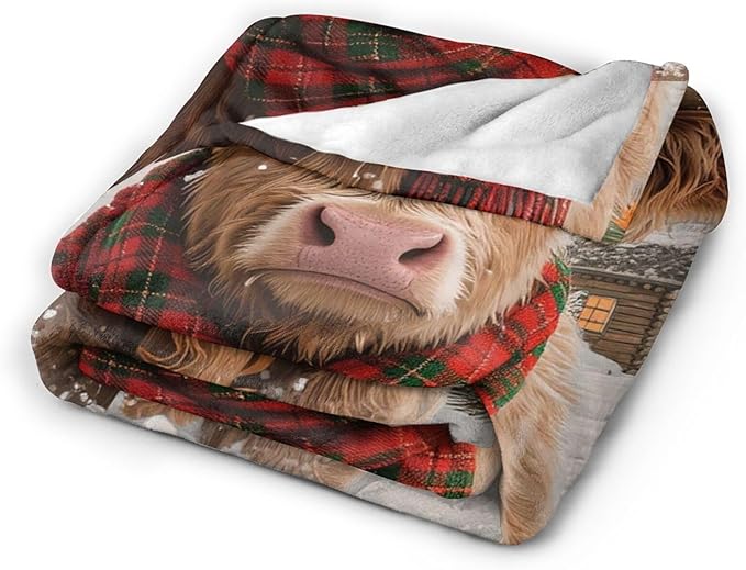 Highland Cow Blanket Christmas Cattle Throw Blanket Winter Snow Soft Cozy Fleece Fuzzy Stuffed Plush Farm Animal Flannel Gifts for Girls Women Boys Kids Adults 50"X60"
