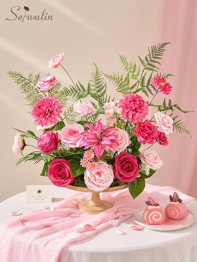 Serwalin Artificial Hot Pink & Magenta Flowers, Fuchsia Silk Fake Flowers, Pastel Pink Faux Flowers for Wedding Bouquet, Table Centerpieces, Home Decor