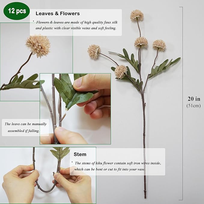 Faux Kiku Flower - Beige 12 Stems Artificial Silk Flowers for Home Decor Indoor Pompon Mums Fake Flowers Ball for Table Centerpieces Wedding Flowers Fillers