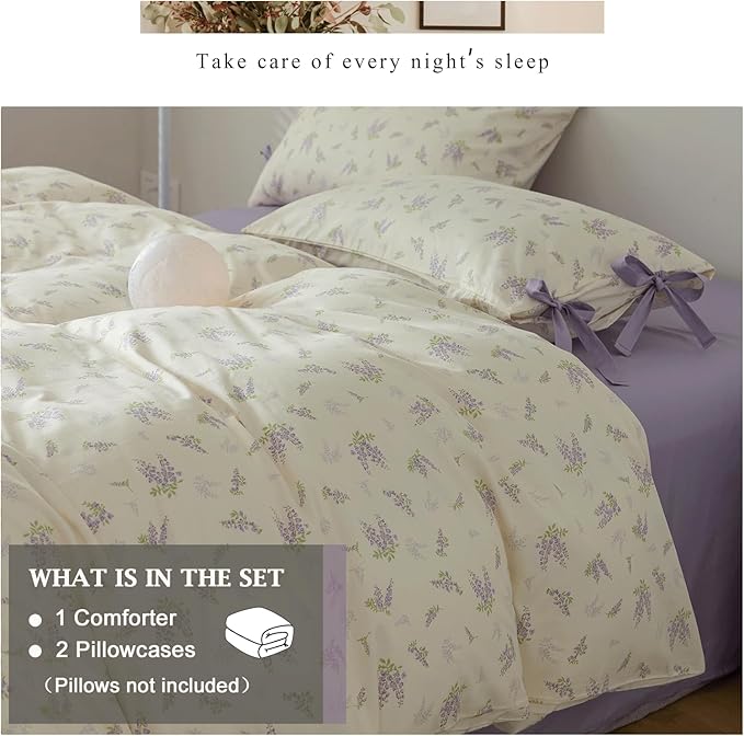 VM VOUGEMARKET Queen Comforter Set Floral Prints,Cottagecore Bedding Set,1 Purple Flower Down Alternative with 2 Bowknot Pillowcases for All Seasons(3pcs,Queen)