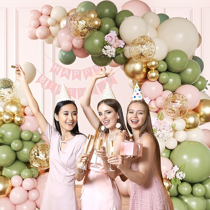 Avocado Green Pink Balloon Arch Kit, 146Pcs Pastel Pink White Sand Retro Avocado Green Gold Confetti Balloons for Baby Bridal Shower Wedding Engagement Birthday Party Decorations