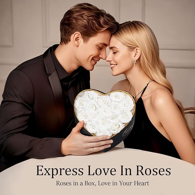 16 Preserved Roses in Heart Shape Gift Box for Her - Forever Flowers for Delivery, Eternal Rose Mothers Gifts for Mom, Wife Anniversary Birthday Gifts for Women, White