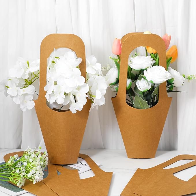PercyEffie 50Pcs flower bags for bouquets Paper flower bags with Handles bouquet wrapping paper Bulk Brown stand accessories flowers bar supplies bouquets holder for Wedding Flowers Shop Home Decora