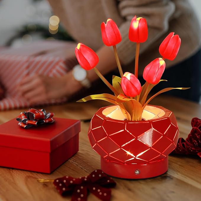 Birthday Gifts for Women,Red Tulips Flower Home Decor Touch Table Lamp,3-Colour Dimming Rechargeable Cordless Small Night Light for Festival Housewarming Gifts for Mom