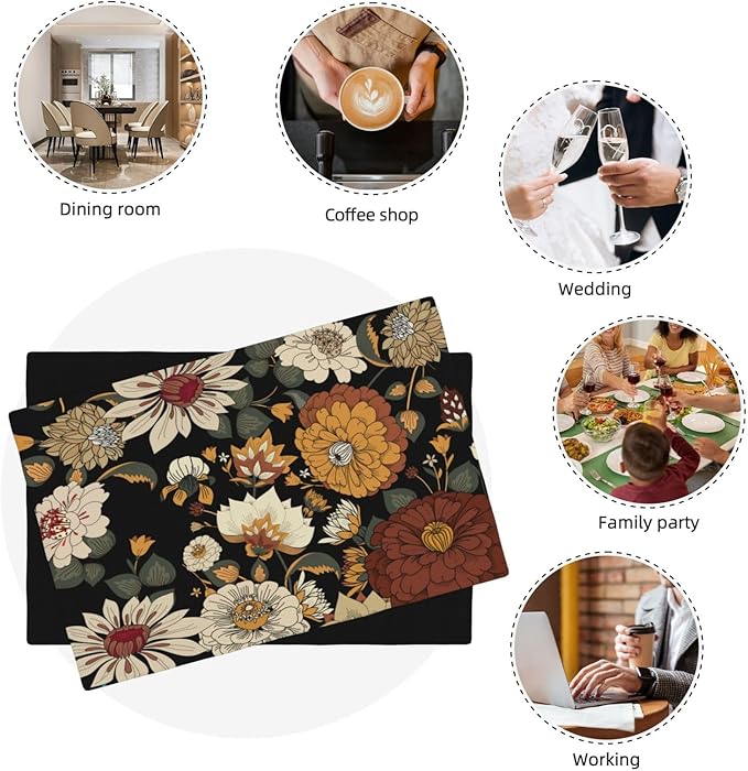 Boho Flower Placemats, Colorful Bohemian Floral Place Mat Set of 6,Wildflower Summer Table Mats for Party Kitchen Dining Decoration 6 PCS, Style-10