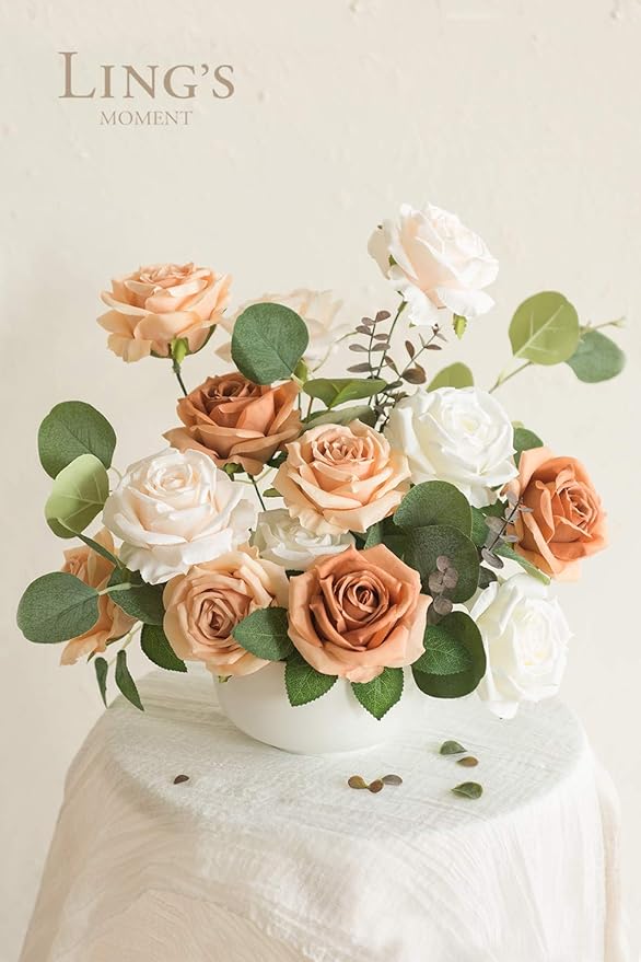 Ling's moment Artificial Flowers, 16pcs Burnt Orange Ombre Faux Silk Roses with Stems, 3.5" Fake Terracotta Flowers Bulk for DIY Wedding Bouquets Centerpieces Party Baby Shower Home Decoration
