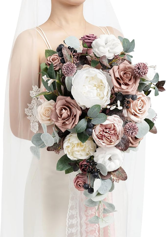 Ling's moment Pink Wedding Bouquets for Bride, Dusty Rose and Mauve Bridal Bouquets for Bride, 15 Inch Free Form Artificial Wedding Flowers Bouquets