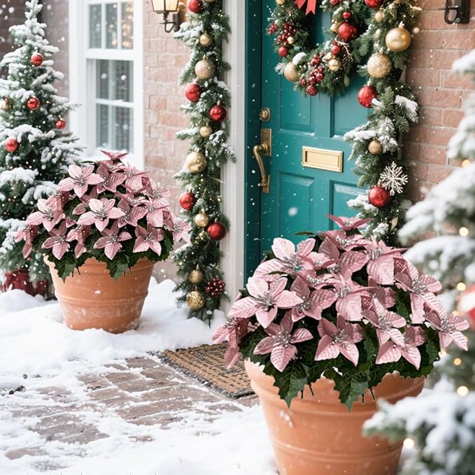 6 Pack Pink Christmas Artificial Poinsettia Flowers Faux Poinsettia Bush Bouquets Silk Poinsettia Christmas Tree Ornaments Poinsettia Flower Arrangement for Home Decor