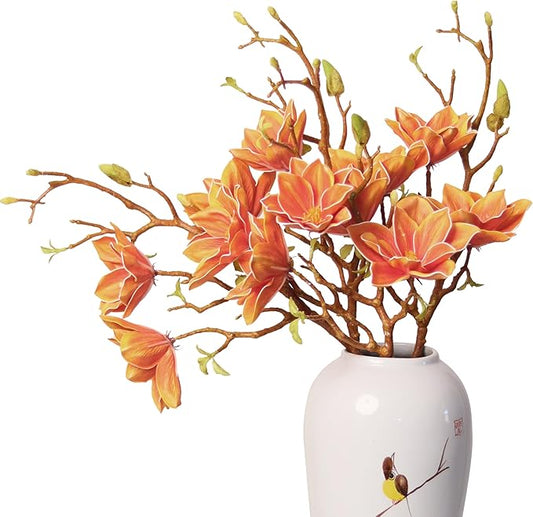 3pcs Artificial Magnolia Flower Branches, 31 Inch Long Stem Faux Floral, Premium Faux Bloom for Home Decor, Centerpieces, and Wedding Arrangements, Orange