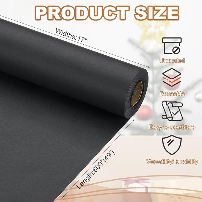 PATIKIL Wrapping Paper, 17" x 600"(49') 70 GSM Craft Paper Roll Kraft Packing Paper for Poster Bulletin Board, Gift Wrapping, Black