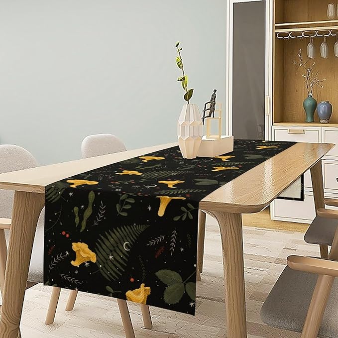 Magical Forest Table Runner, Rustic Country Wild Yellow Mushrooms Plants Botanical Herbs Print Table Runner for Holiday Farmhouse Kitchen Dining Table Decor, 13x120inch