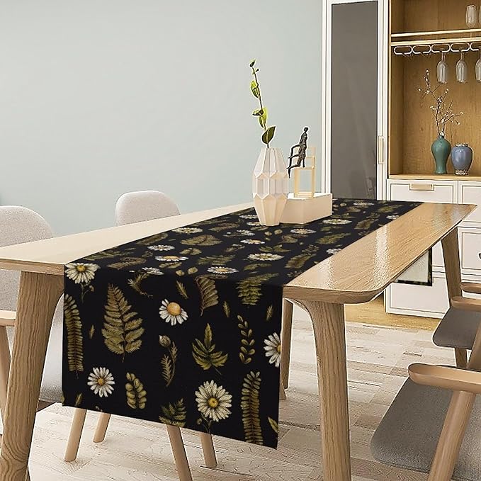 Vintage Daisy Flower Table Runner, Rustic Forest Green Plants Leaves Wild Floral Ferns Print Holiday Kitchen Dining Coffee Table Decoration for Home Indoor Outdoor Party, 13x36inch