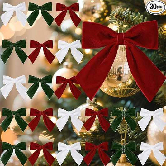 30 Pcs Velvet Ribbon Bows 5" x 4" Pre Tied Christmas Velvet Bows with Twist Tie for Gift Packaging Christmas Tree Wreaths Door Windows Wedding Party Decoration(Xmas Colors)