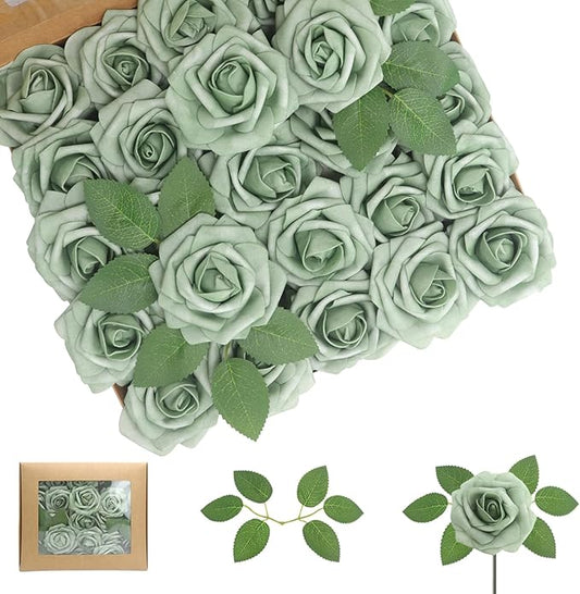 Artificial Flowers 50Pcs Elf Gree Roses Real Looking Foam Fake Roses with Leaves for DIY Wedding Bouquets Bridal Shower Centerpieces Party Decorations (Elf Green, 50)