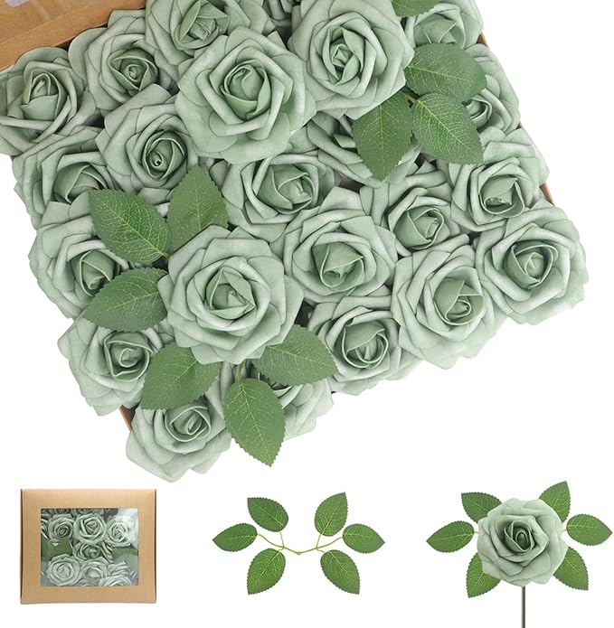 100PCS Elf Green Artificial Flowers Roses Real Looking Foam Fake Roses with Leaves for DIY Wedding Bouquets Bridal Shower Party Decorations (Elf Green, 100)