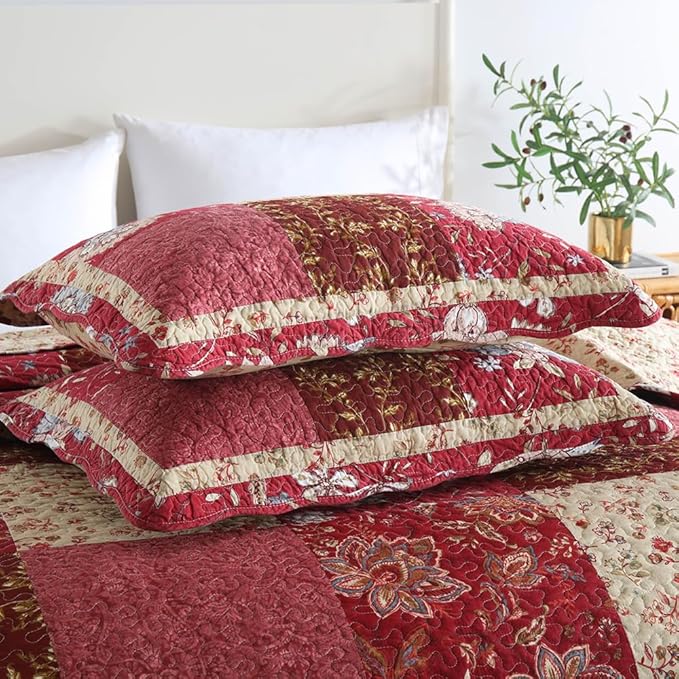 Cotton Bedspread Quilt Bedding Sets 3 Pieces Reversible Coverlet Sets Comforters Vintage Floral Patchwork Purple Red Bedspread, King Size