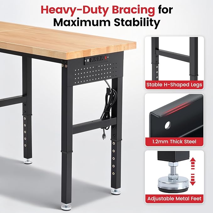 Workbench 96 x 24 Inch Adjustable Height Heavy Duty Work Table with Power Outlets & Extended Pegboard 5000 Lbs Load Capacity Rubber Wood Top Workstation for Garage, Workshop, Home, Office