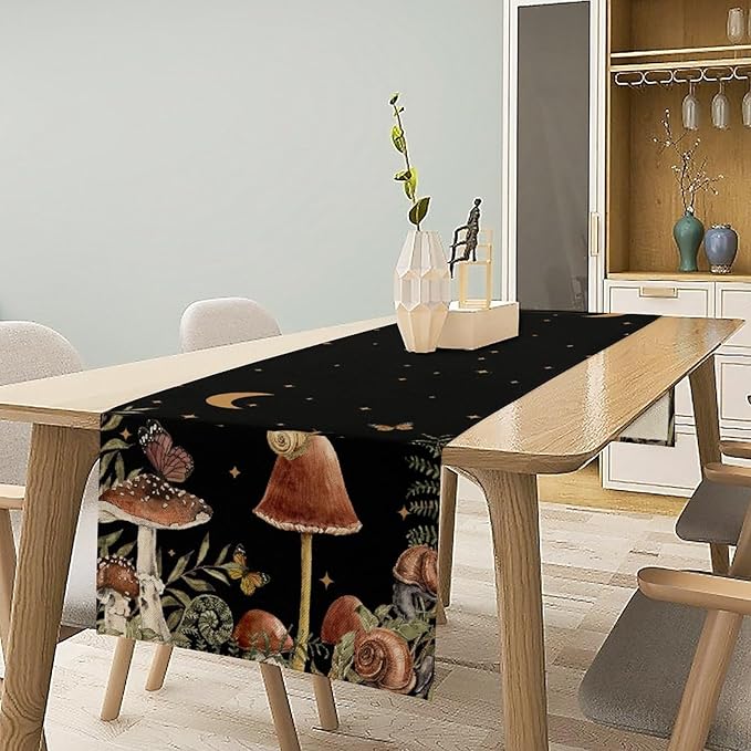 Retro Mushroom Table Runner, Boho Night Plants Leaves Moon Star Botanical Snail Butterfly Print Table Runner for Home Kitchen Dining Table Decor, 13x120inch