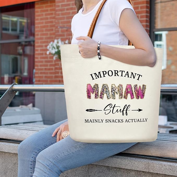 Canvas Tote Bag for Women, Important Stuff Bag with Leather Handle, Reusable Grocery Bags for Shopping Beach Travel