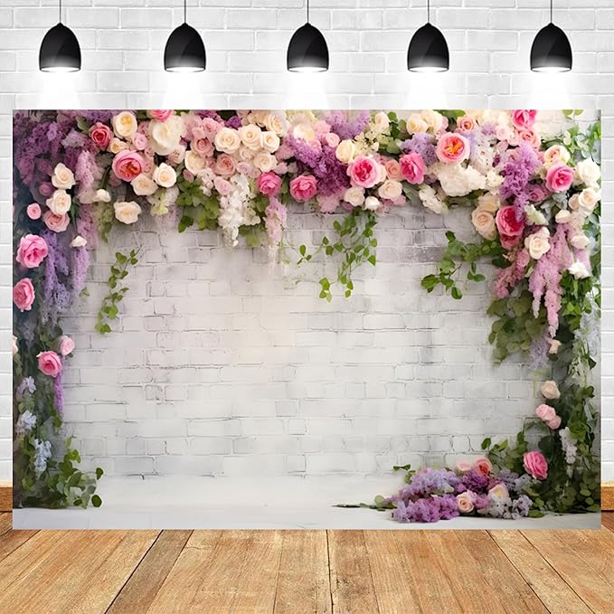 15x8ft Retro White Brick Wall Floral Backdrop Vine Leaves Rose Flowers Photography Background Bridal Shower Wedding Party Birthday Banner Decorations Adults Portrait Photo Booth Prop