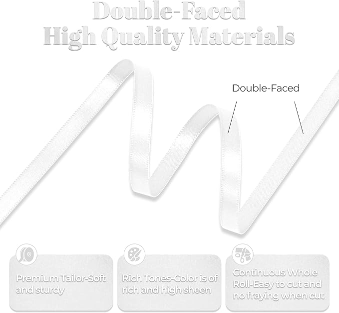 White Satin Ribbon, Double Faced 1/4 Inch X 50 Yards White Ribbon, Premium Satin Ribbon for Gift Wrapping, Crafts, Hair Bow Making, Sewing, Flower Bouquet, Wedding Party Decor