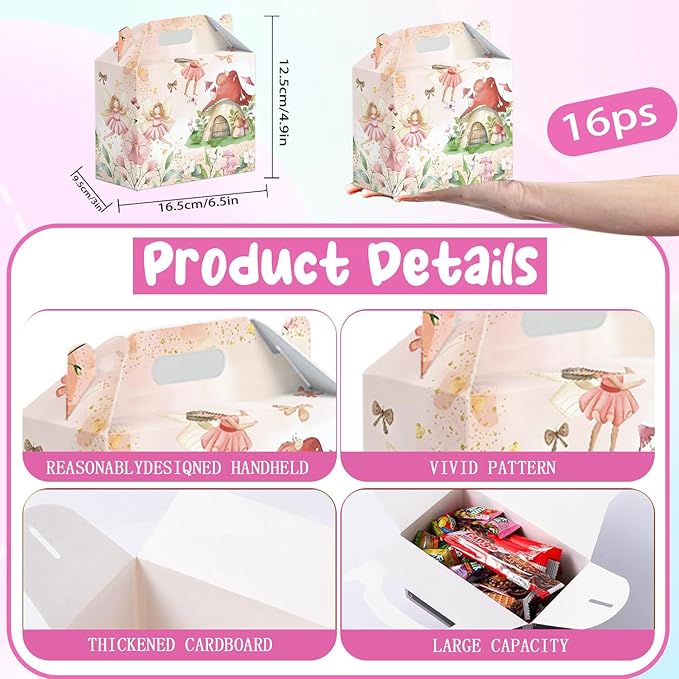 16 Pcs Fairy Party Favor Boxes - Flower Fairy Party Gift Paper Boxes, Floral Fairies Themed Decorations for Birthday Presents Decorations Supplies
