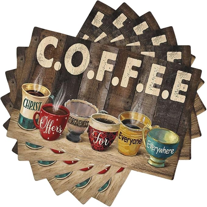 Christian Coffee Placemats Set of 6 Coffee Table Mats Washable Place Mats for Home Party Indoor Kitchen Dining Table Decoration 12x18 Inch