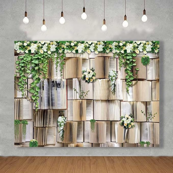8x6ft Vintage Bookshelf Backdrop Flower Garlend Book Pages Wedding Party Photo Backdrop Baby Shower Graduation Party Photo Studio Background KUBDJ727