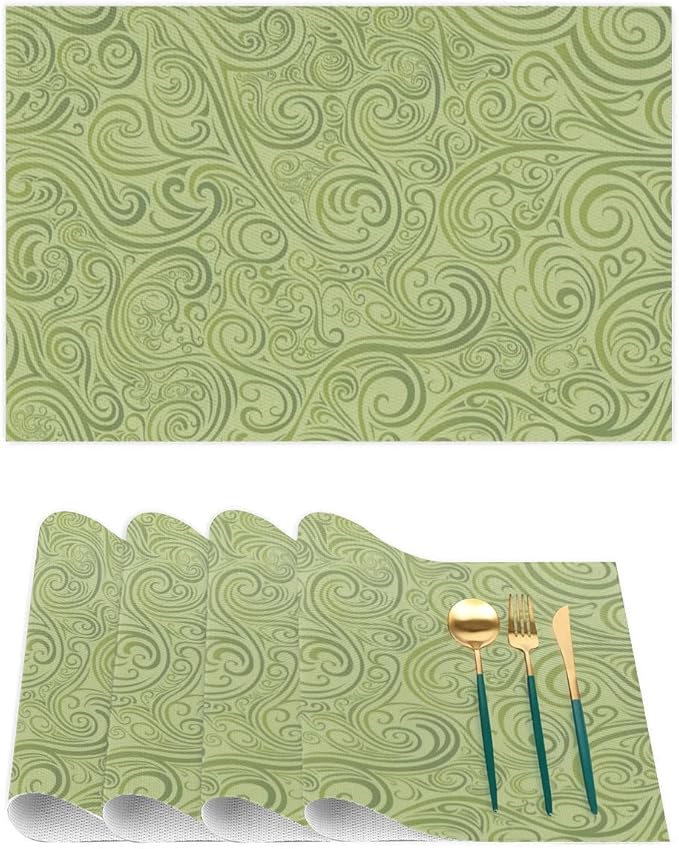 PVC Placemats Set of 4 Sage Green Abstract Art Wipeable Table Mats Washable Heat Resistant Non Slip Vinyl Dining Table Mat for Kithen Indoor Outdoor Patio Farmhouse Place Mats Decorative